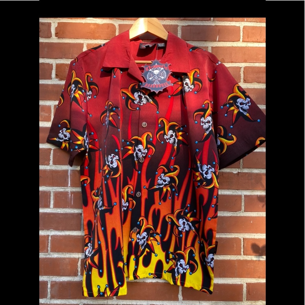 Dragonfly Roadhouse “ Madness” Mens•Skull Jester•Button Down Shirt•NWT• Medium